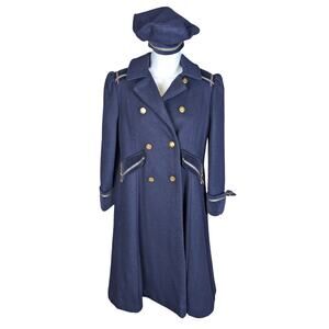Vintage Wool Double-Breasted Nautical Theme Kids Peacoat with Hat Navy Blue L